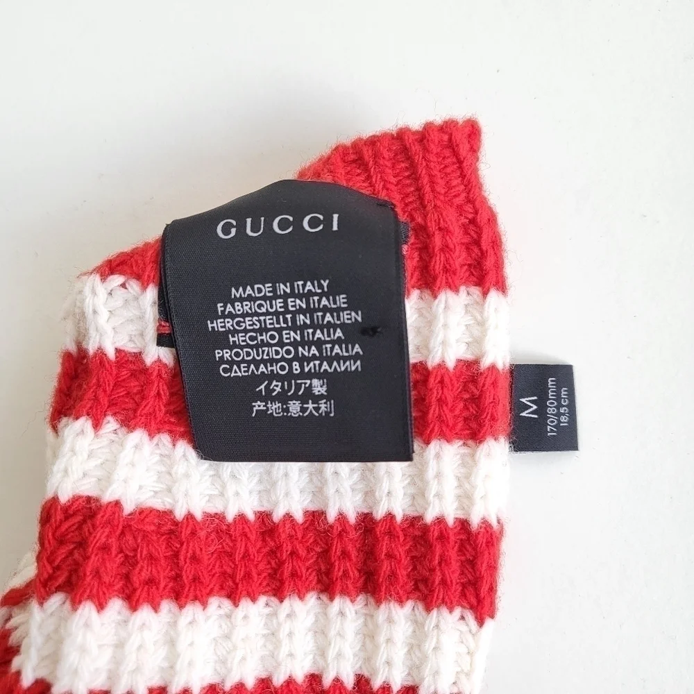 New Gucci 100% Wool Knit Striped Red/White Fingerless Gloves NWT Size Medium